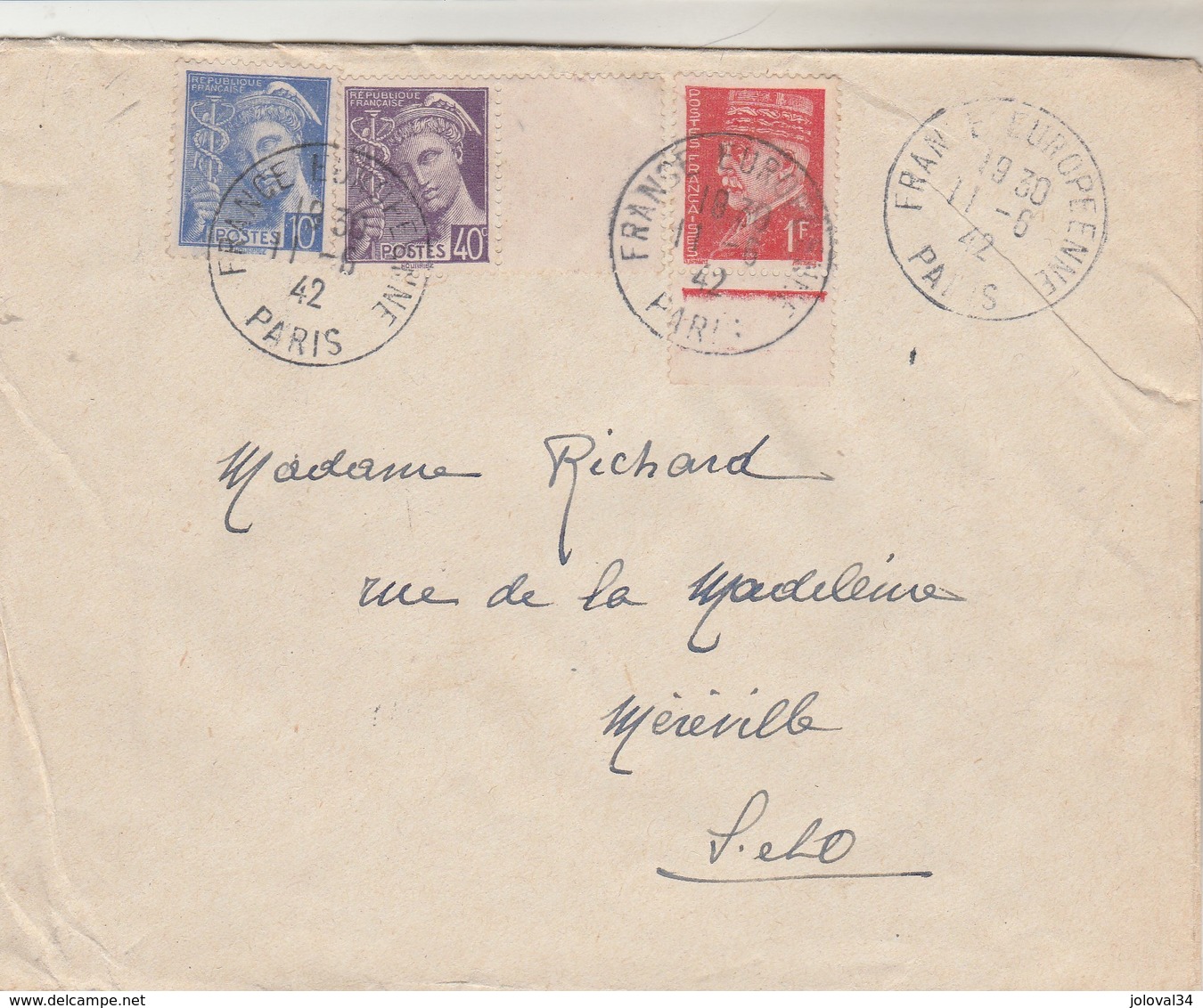 Yvert 514 Pétain + 407 + 413 Mercure Lettre Cachet Propagande France Européenne Paris 11/6/1942 - Storia Postale