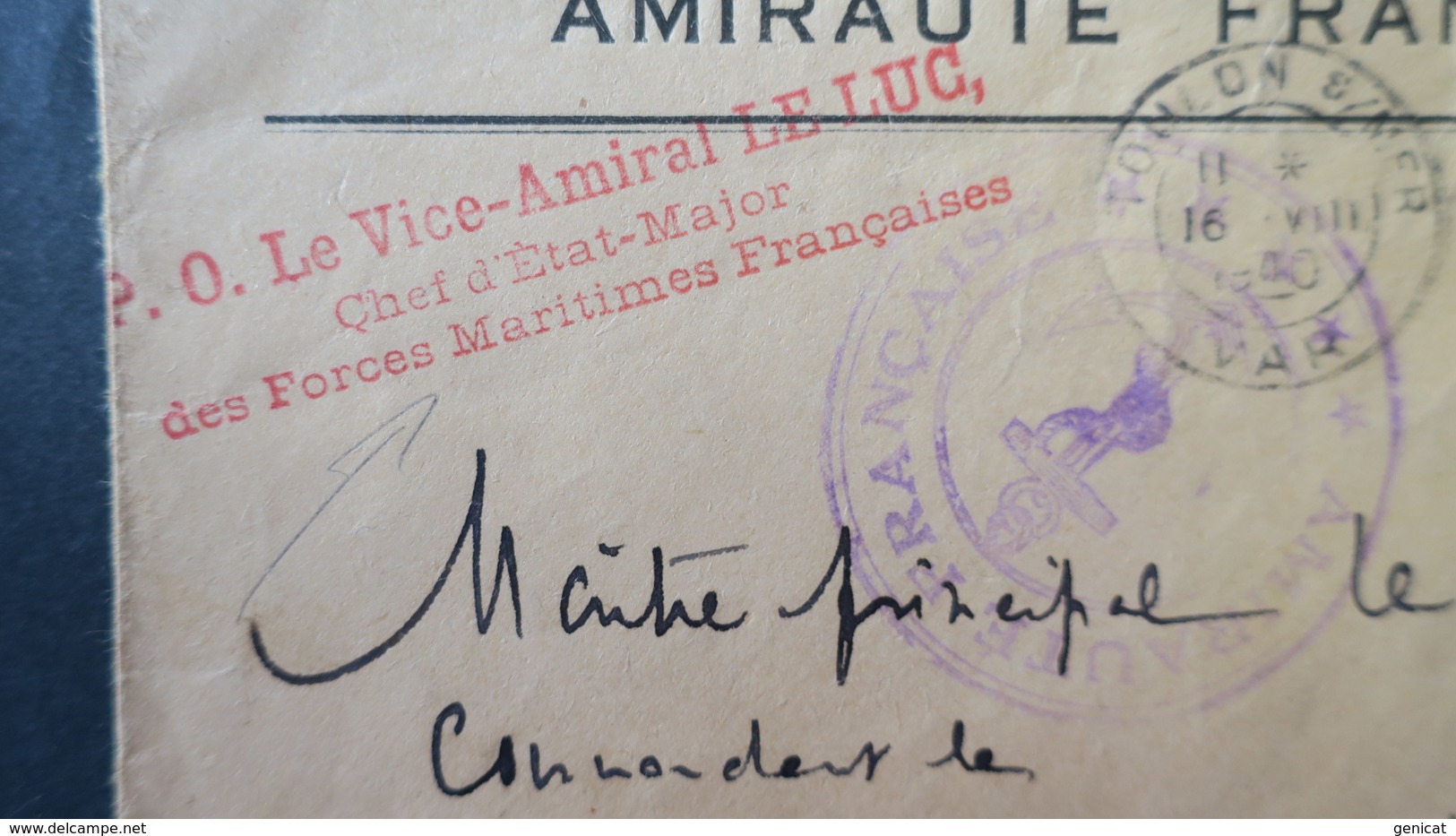 Lettre En Franchise Militaire Amirauté Française Griffe Du Vice Amiral Le Luc (signataire Armistice) Aout 1940 - Guerre De 1939-45