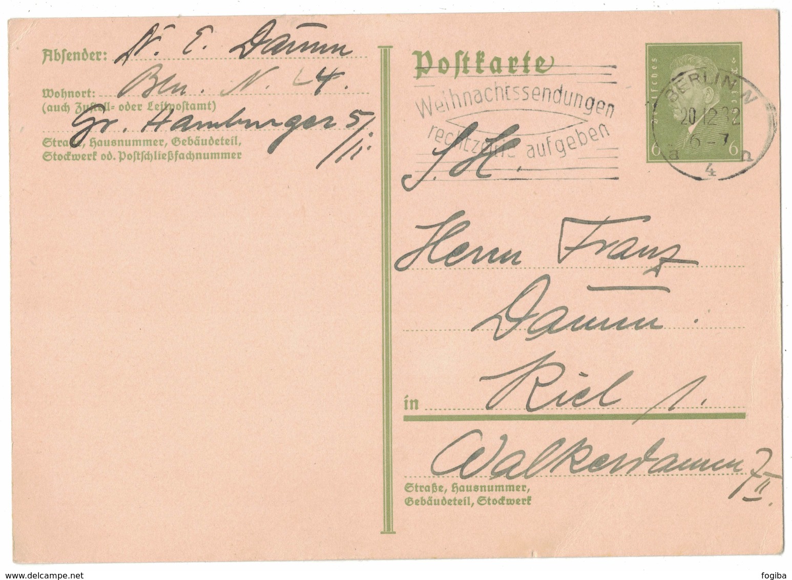 IZ441  DR 1937 6 Pf. Friedrich Ebert - Stempel Berlin "Weihnachtssendungen Rechtzeitig Aufgeben" Auf Postkarte - Cartas & Documentos