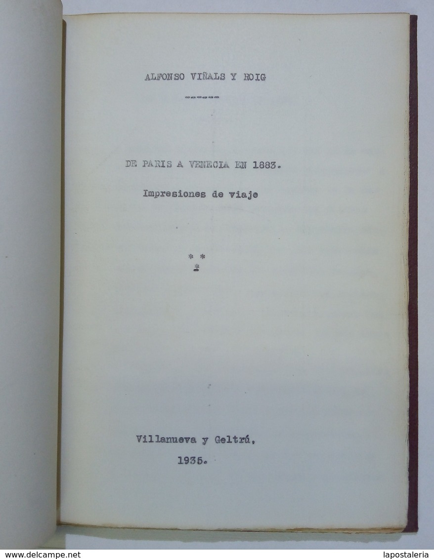 Vilanova I La Geltrú 1935. Titulo *De París A Venecia En 1883...* Autor *Alfons Vinyals I Roig* - Aardrijkskunde & Reizen