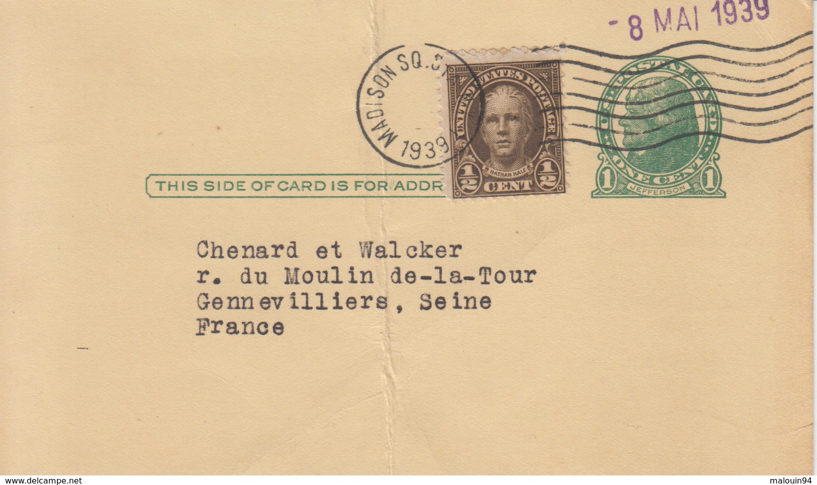 Entier Postal Américain Oblitéré En 1939 Pour Automobiles CHENARD Et WALCKER à Gennevilliers, France - 1921-40