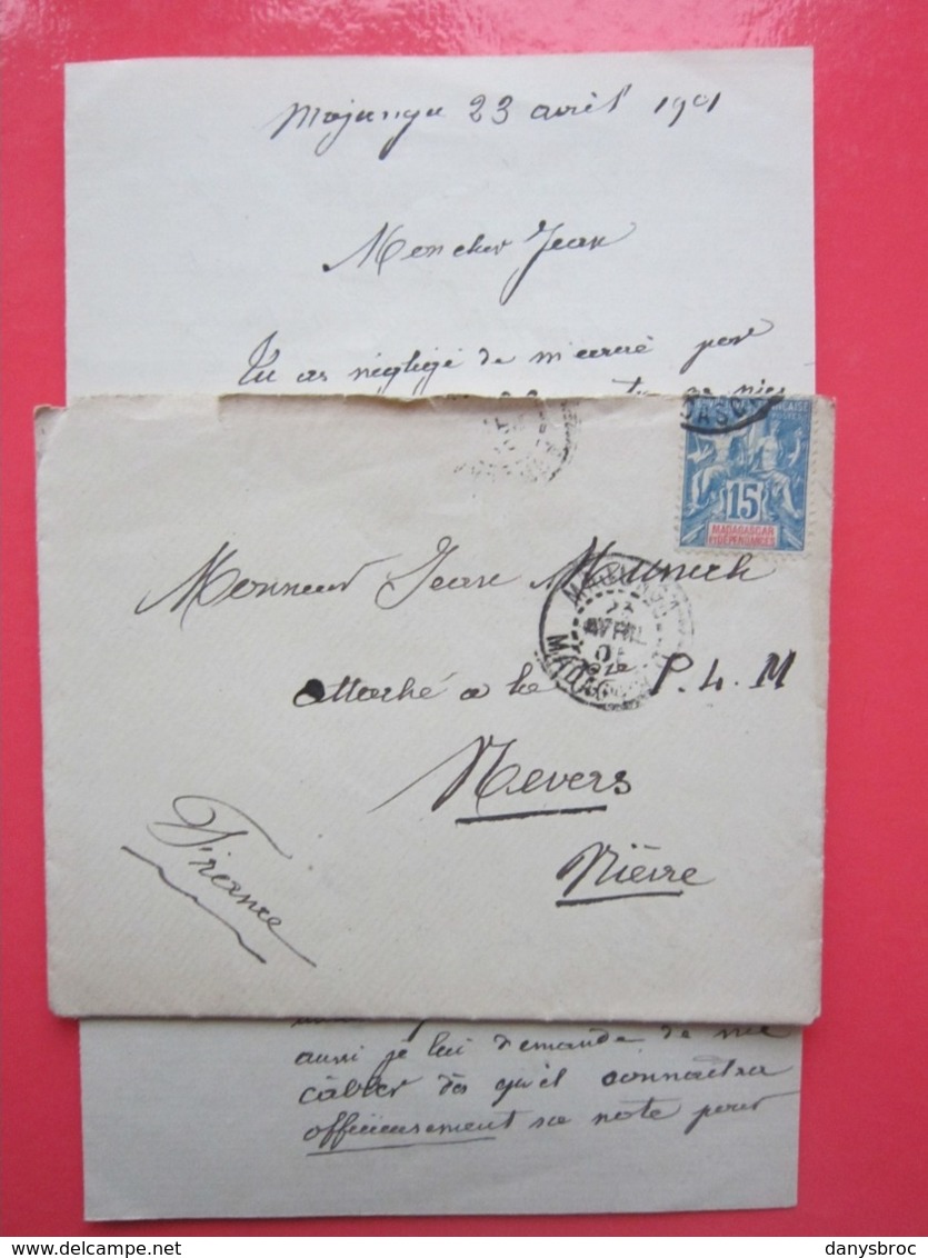 Timbre Sage 15 Madagascar Et Dépendances 1901 Sur Enveloppe Avec Courrier Pour NEVERS (58) Le 23/04/1901 Cachet Greffe - Storia Postale