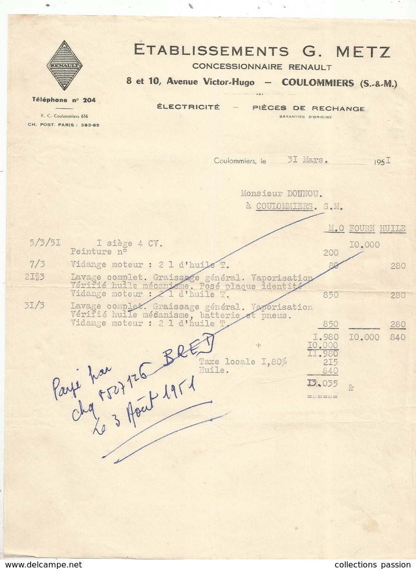 Facture  ,concessionnaire RENAULT ,G. METZ ,77 , COULOMMIERS ,1951 , Frais Fr 1.65 E - Automobile