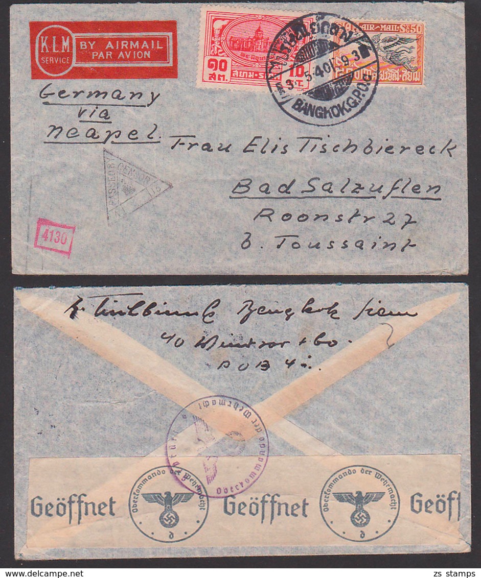 Siam Bangkok 1940 Letter Airmail To Germany Via Neapel, Zensiert Nach Bad Salzuflen Zweisprachiger Stempel - Siam