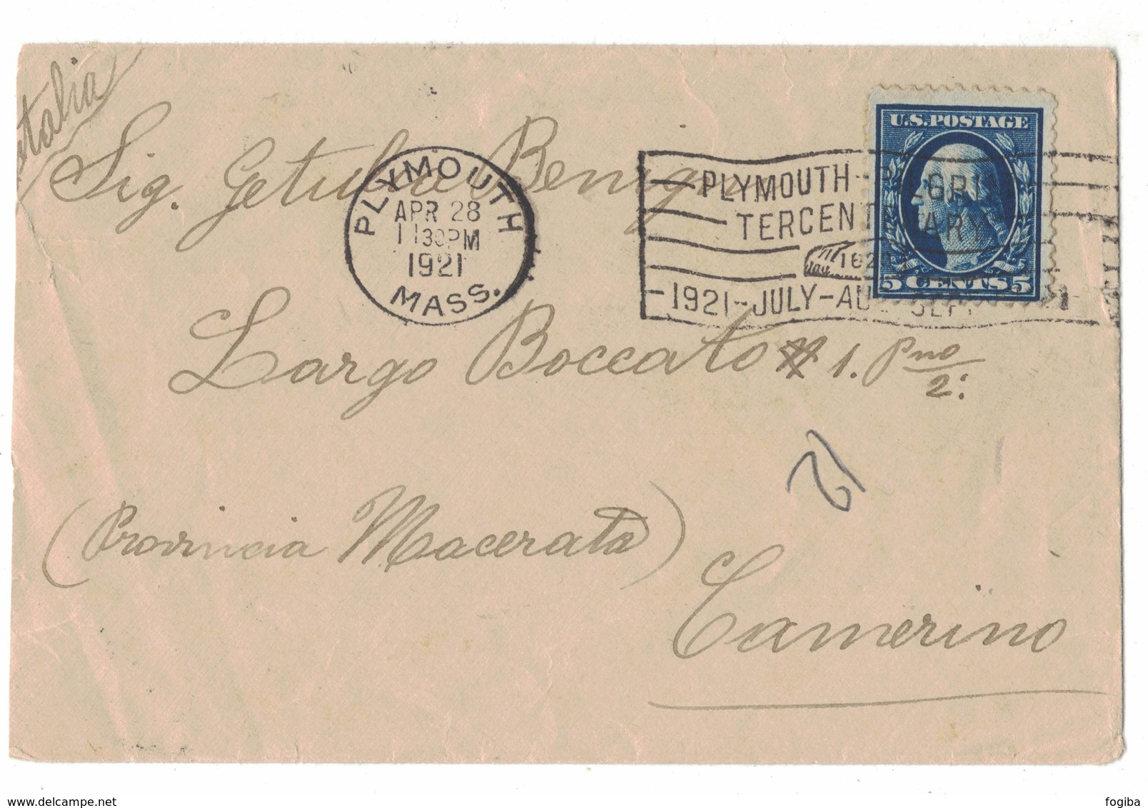 IZ448   USA 1921 Cover Plymouth To Camerino Italy + Special Postmark - Briefe U. Dokumente