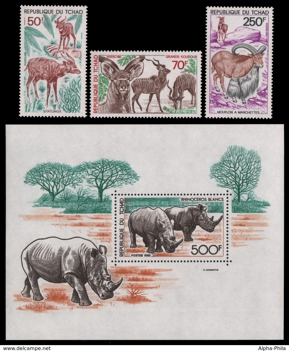 Tschad 1985 - Mi-Nr. 1124-1126 & Block 239 ** - MNH - Wildtiere / Wild Animals - Tschad (1960-...)