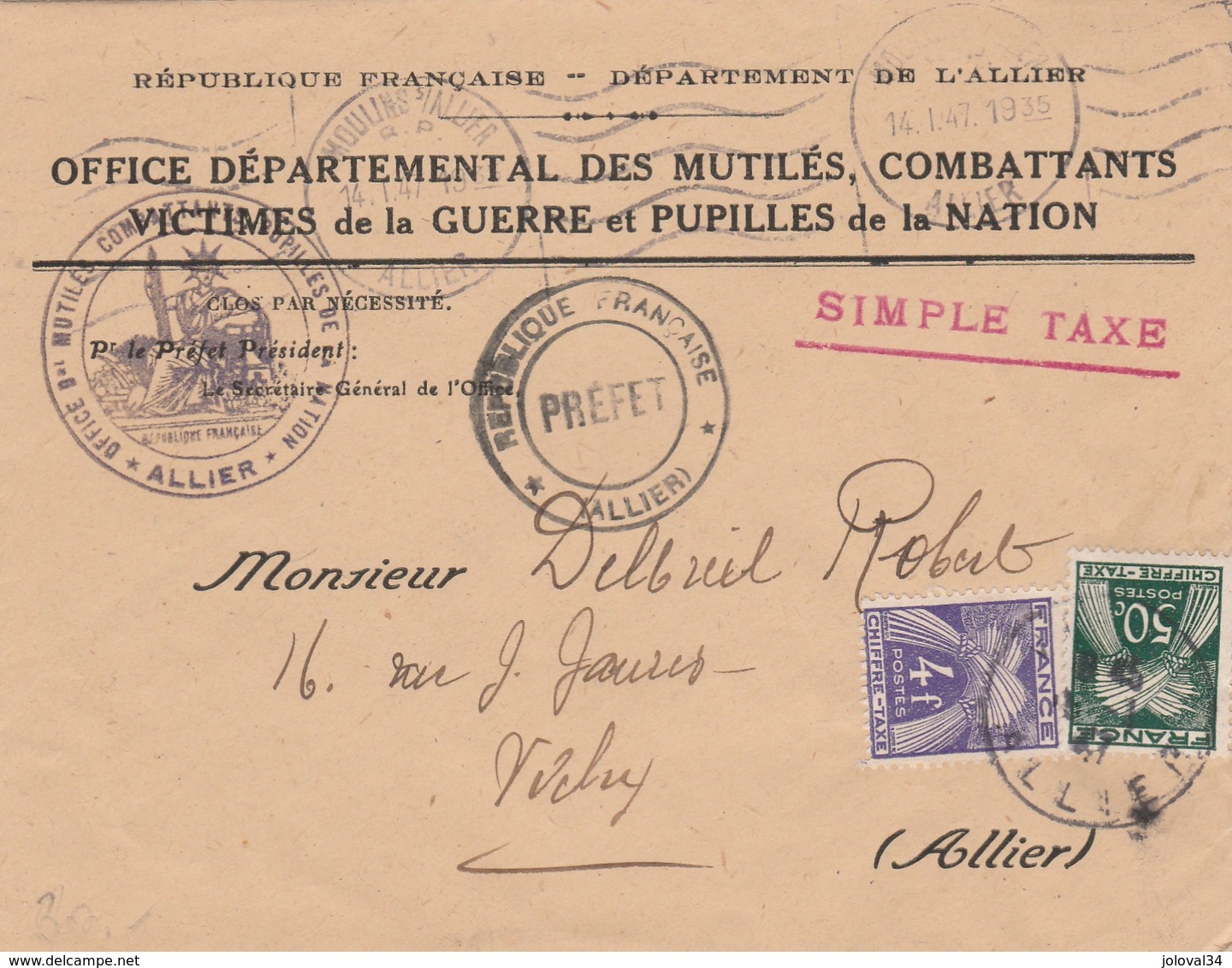 Lettre Taxée 4 F 50 Cachet Office Mutilés Combattants  Pupilles De La Nation + Préfet Allier Moulins 1947 à Vichy - 1859-1959 Briefe & Dokumente