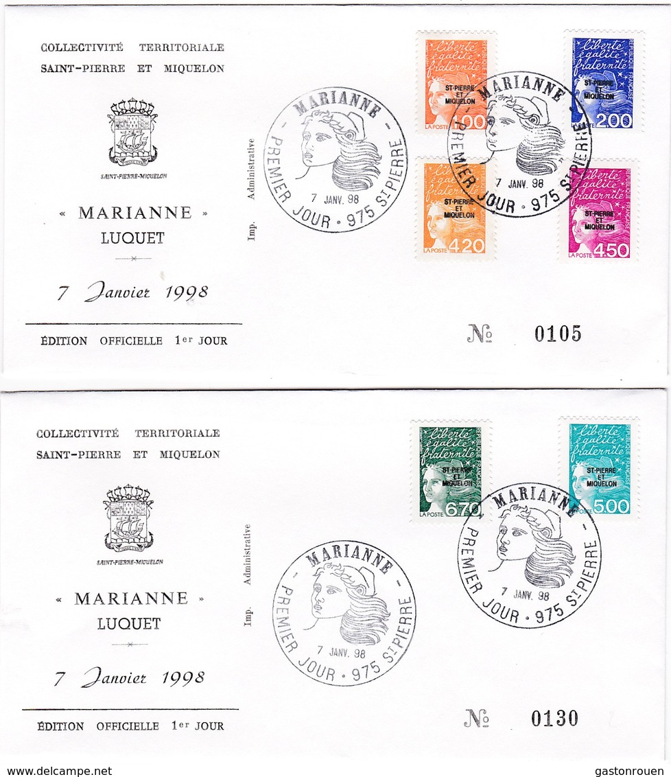 FDC PREMIER JOUR  Saint-Pierre Et Miquelon 1998 2 Enveloppes Marianne Du 14 Juillet 663 à 668 - FDC