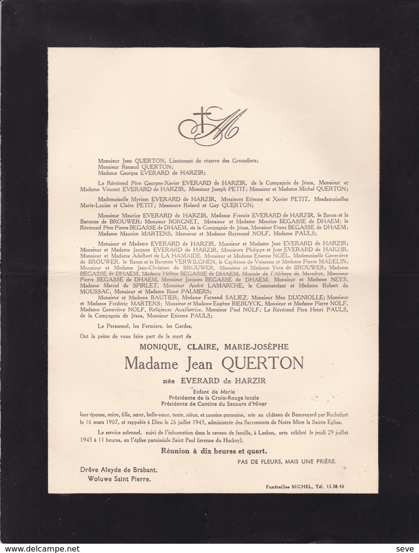 40-45 ROCHEFORT JEMELLE Monique EVERARD De HARZIR épouse Jean QUERTON  1907-1943 Cantine Secours D'hiver Croix-rouge - Obituary Notices