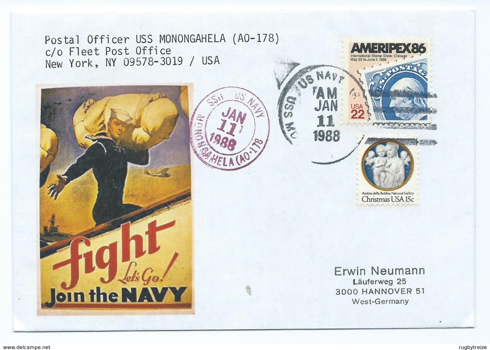 3274 - Enveloppe US NAVY USS MONONGAHELA A0-178 1988 Rare Ameripex 1986 New York - Omslagen Van Evenementen