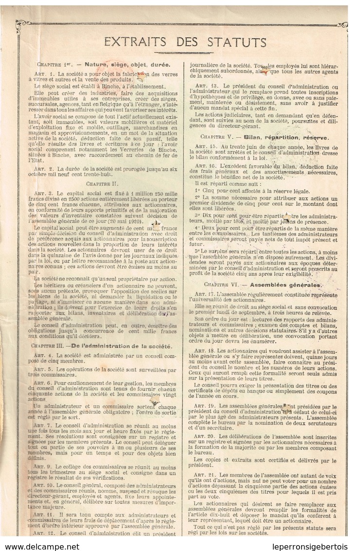 Titre Ancien - Verreries De Binche -Société Anonyme - Titre De 1919 - - Industrie