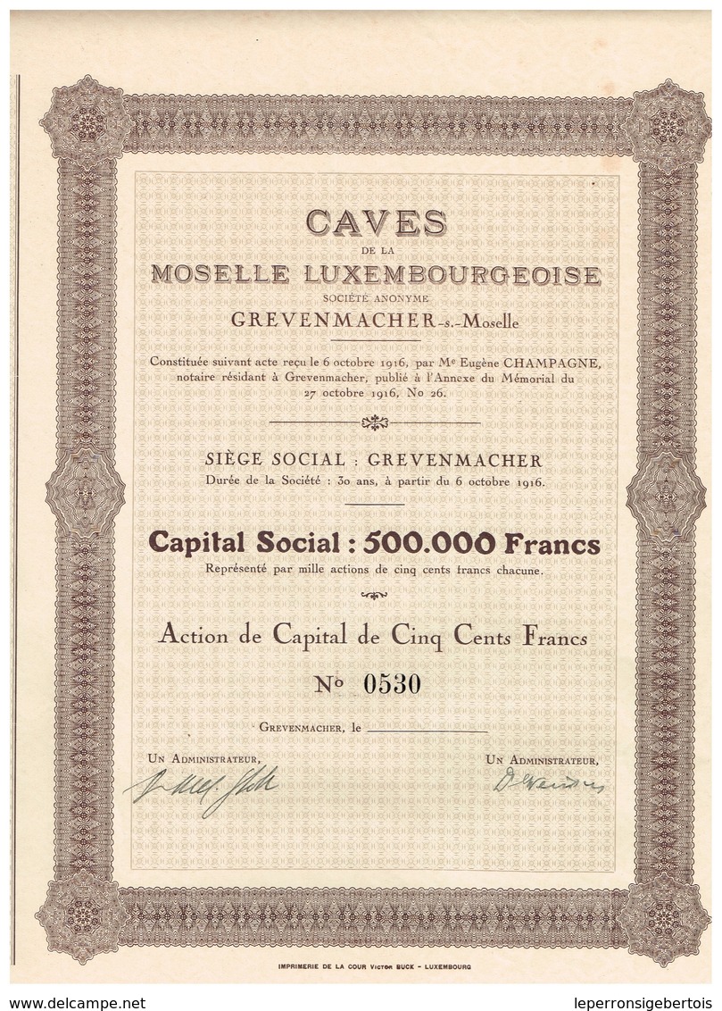 Titre Ancien - Caves De La Moselle Luxembourgeoise - Société Anonyme - Grevenmacher-sur-Moselle - Titre De 1916 - - Tourisme