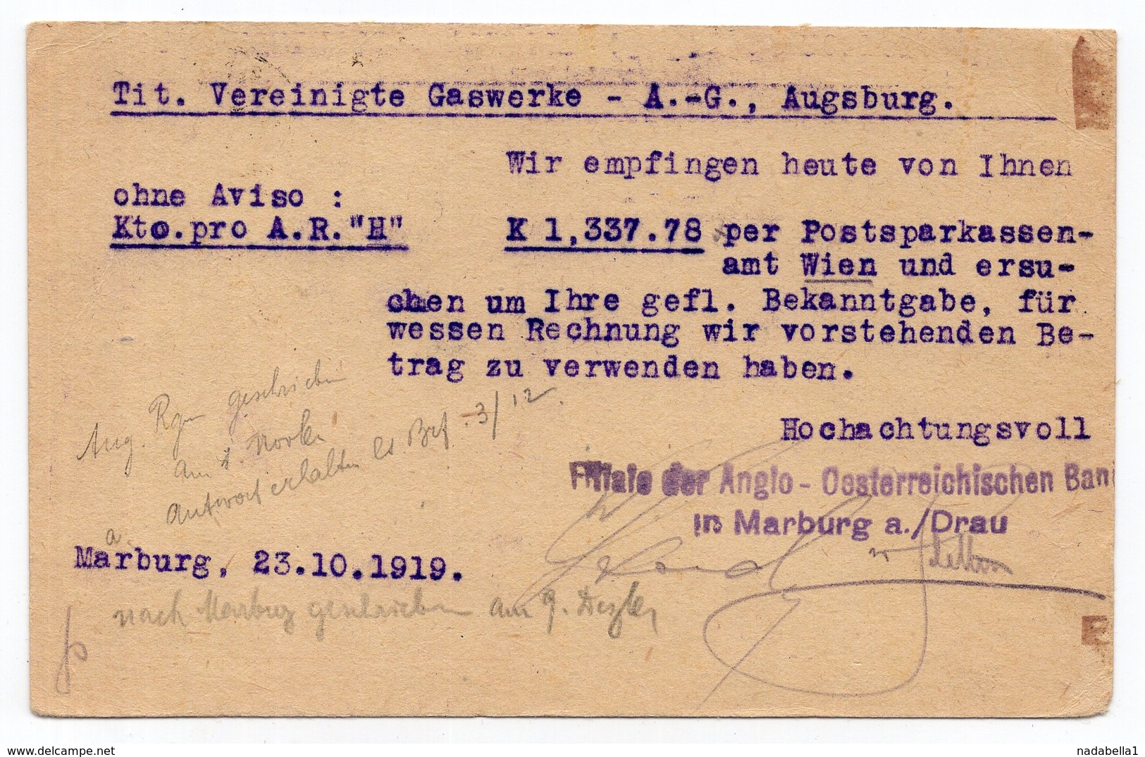 23.10.1919. YUGOSLAVIA,SLOVENIA,MARIBOR TO AUGSBURG,GERMANY,VERGARI,CHAIN BREAKERS,STATIONERY CARD,USED - Postal Stationery