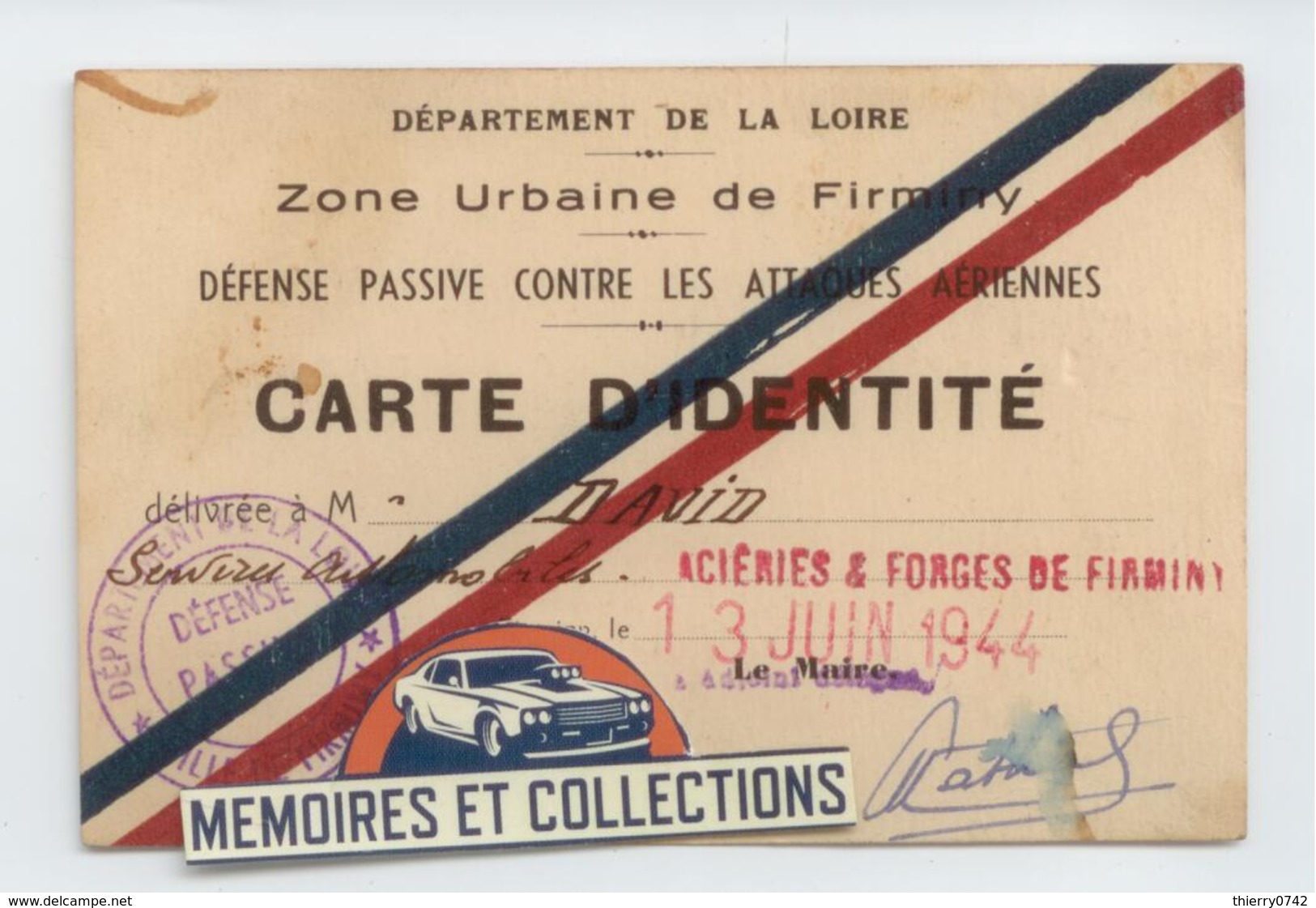 MILITARIA CARTE IDENTITE 1944 LOIRE FIRMINY DEFENSE PASSIVE ATTAQUES AERIENNES BE - 1939-45