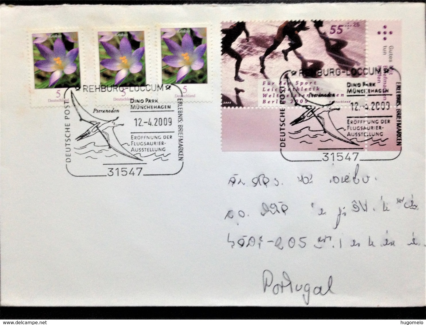 Germany, Circulated Cover To Portugal, "Pterodactilo Exhibition", "Athletics", "Münchehagen", "Dino Park", 2009 - Covers & Documents