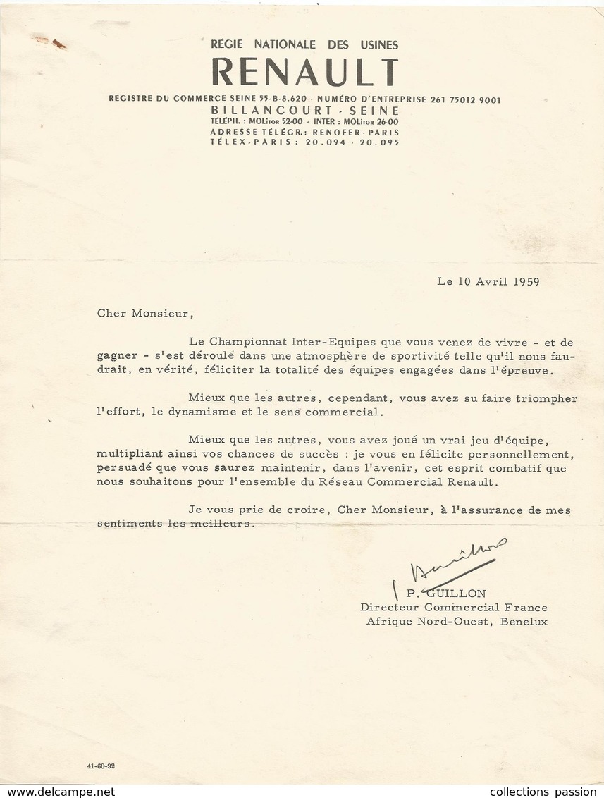 COURRIER COMMERCIAL , Régie Nationale Des Usines RENAULT , Championnat ,BILLANCOURT ,Seine , Frais Fr 1.75 E - Auto's