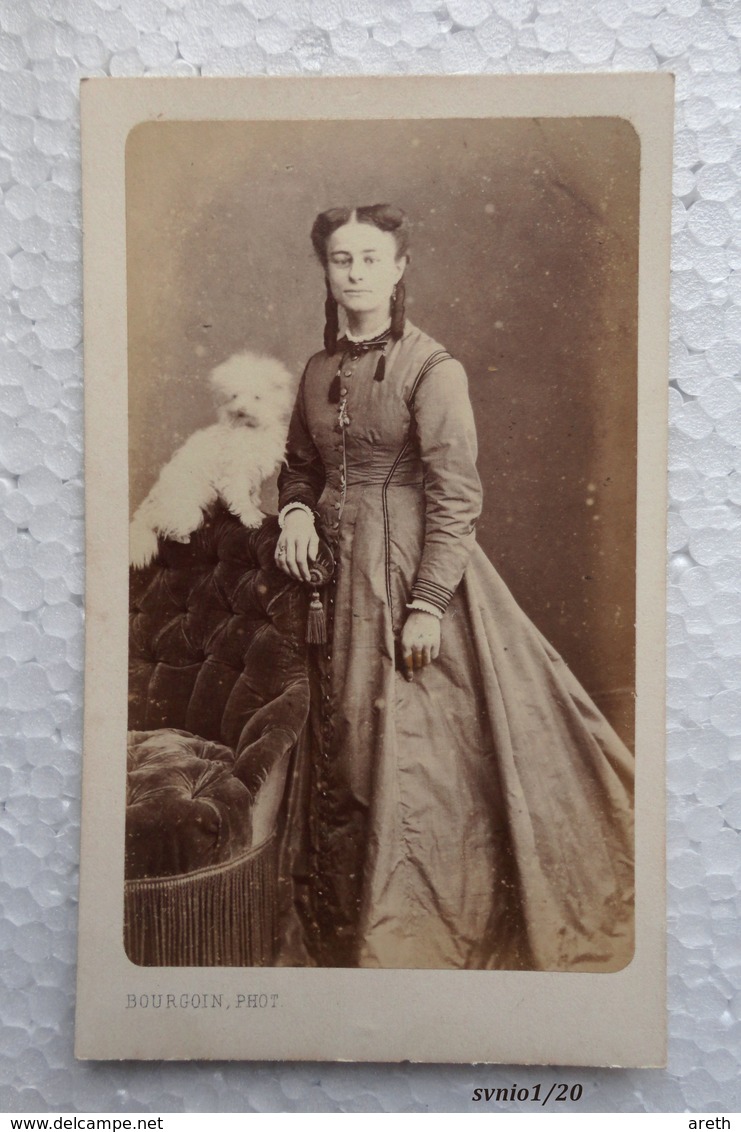 Photo CDV - Portrait D'une Jeune Femme Avec Un Petit Chien Blanc Par L. BOURGOIN à Niort - Old (before 1900)