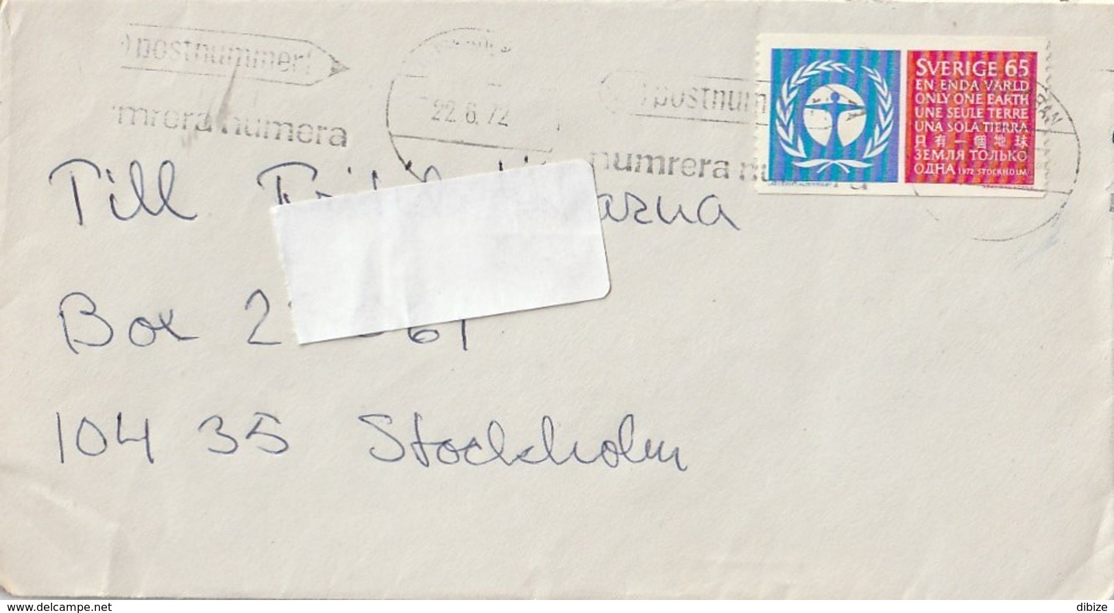 Brev. Kuvert. Sverige. Poststempel 1972. Stämpel. En Enda Varld. Postflamma. Postnummer. Numrera Numera. - 1930- ... Rollen II