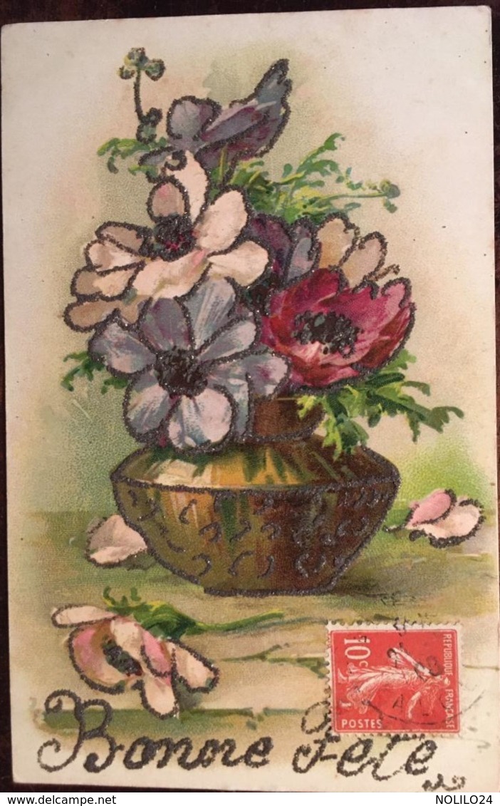 Cpa, Bone Fête, Paillettes,vase, Fleurs, Illustration, Fantaisie, écrite En 1908 - Nouvel An