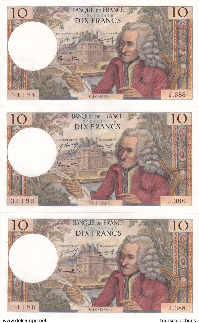 LOT De 3 Billets N° à Suivre En SPL De 10 Francs VOLTAIRE Du 4 Janvier 1968 - Alph J. 388 @ N° Fayette : 62.31 - 10 F 1963-1973 ''Voltaire''