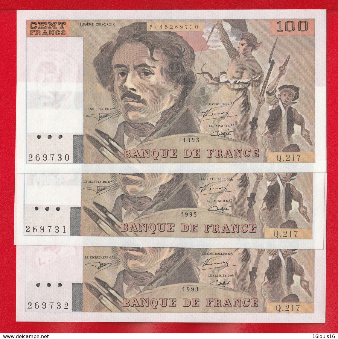 3 BILLETS DE 100 FRANCS " DELACROIX " DE 1993  Q.217  NEUF (Suite) - 100 F 1978-1995 ''Delacroix''