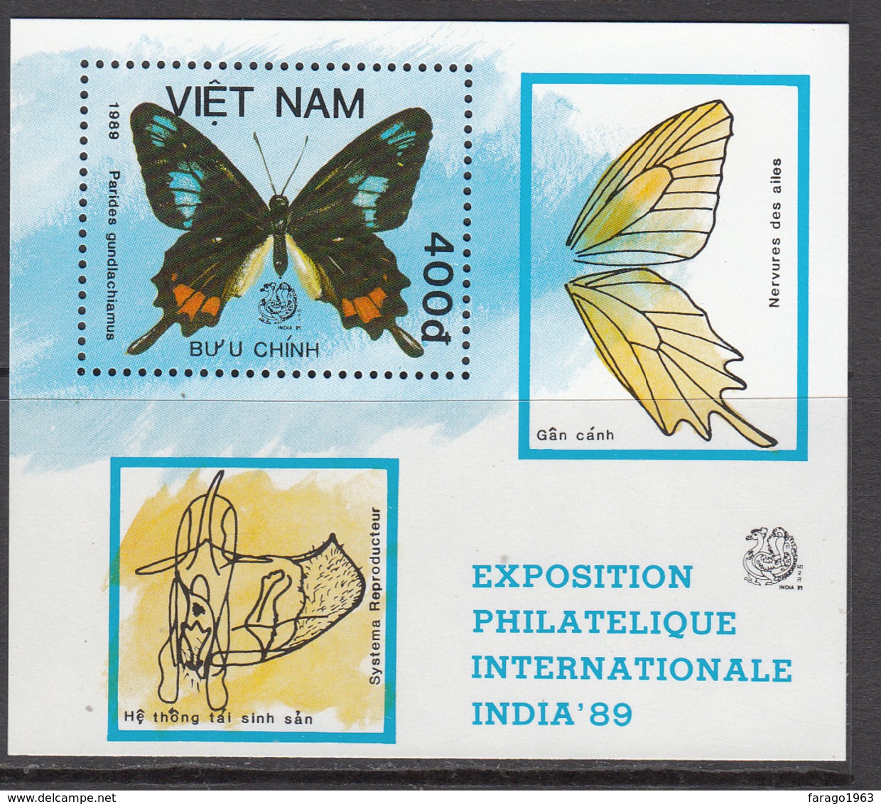 1989 Vietnam Butterflies India Papillons Souvenir Sheet MNH - Vietnam