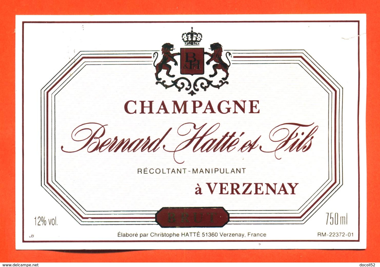 étiquette De Champagne Brut Bernard Hatté Et Fils à Verzenay - 75 Cl - Champagne