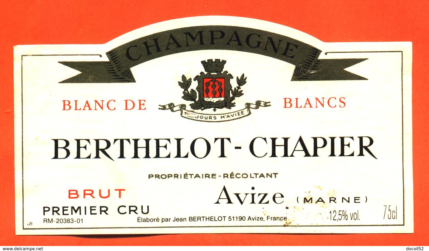 étiquette De Champagne Brut Berthelot Chapier à Avize - 75 Cl - Champagne