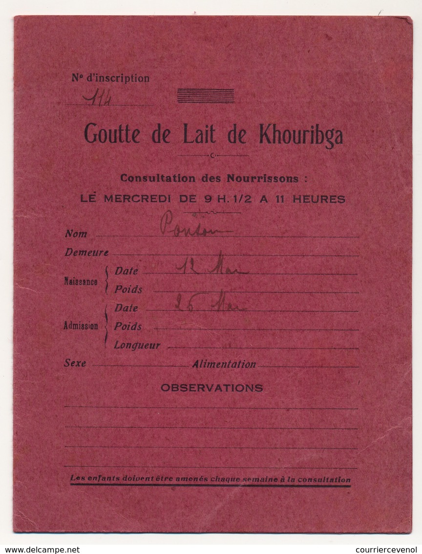 MAROC - GOUTTE DE LAIT De KHOURIGBA - Livret De Consultations Pour Nourrissons -1937 - Unclassified