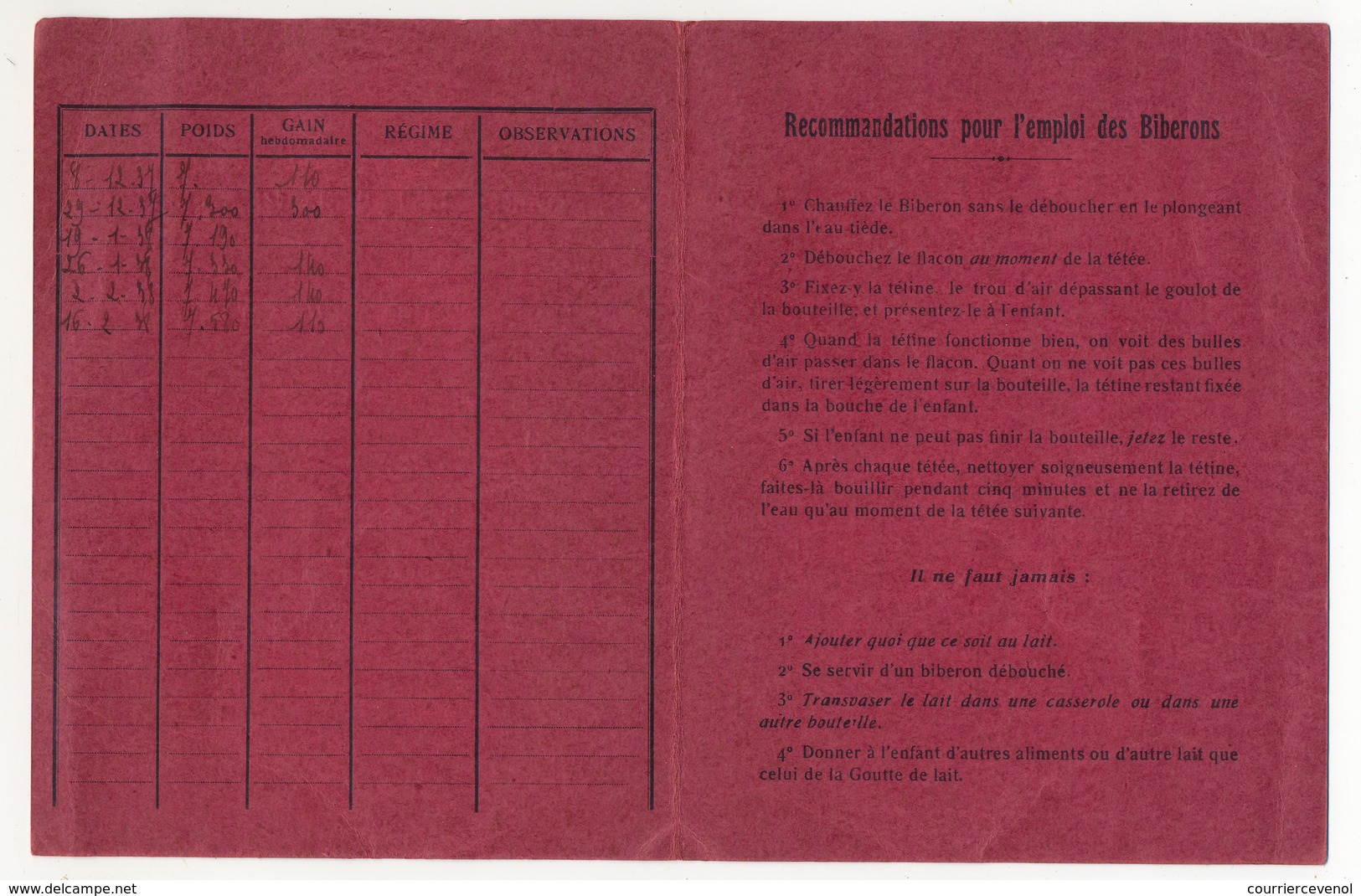 MAROC - GOUTTE DE LAIT De KHOURIGBA - Livret De Consultations Pour Nourrissons -1937 - Unclassified