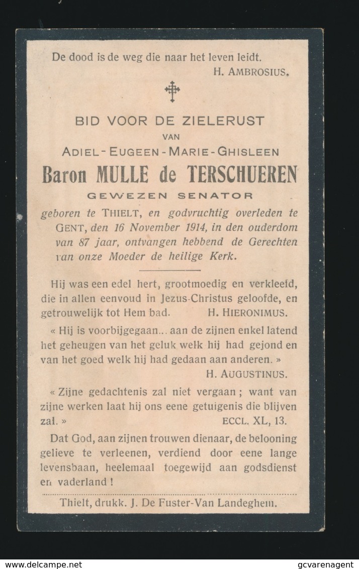 ADEL  BARON  MULLE De TERSCHEUREN  TIELT - GENT 1914  87 JAAR OUD - Décès
