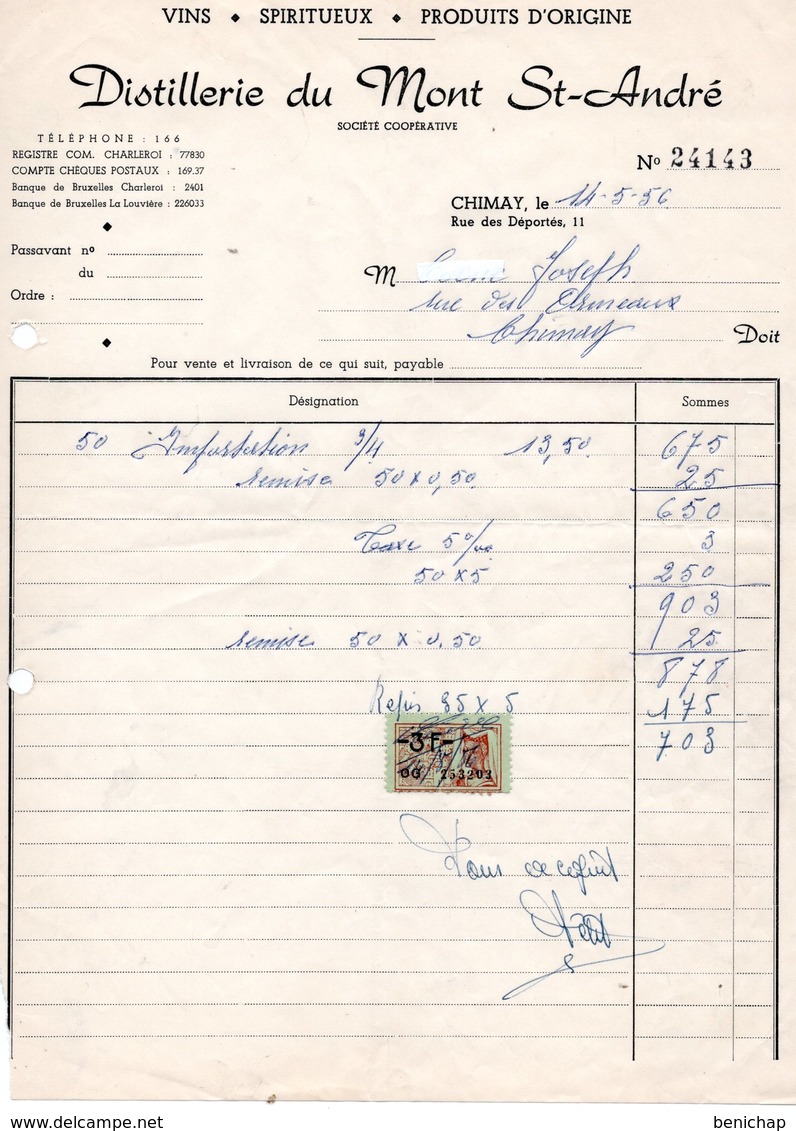 DISTILLERIE DU MONT SAINT ANDRE - CHIMAY - VINS - SPIRITUEUX - PRODUITS D'ORIGINE - 14 MAI 1956. - Alimentaire