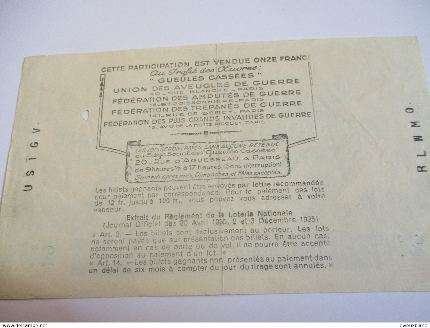 LOTERIE NATIONALE/Les GUEULES CASSÉES / Union Des Blessés De La Face/Sourire Quand Même /1-10éme/ 1938      LOT38 - Lottery Tickets