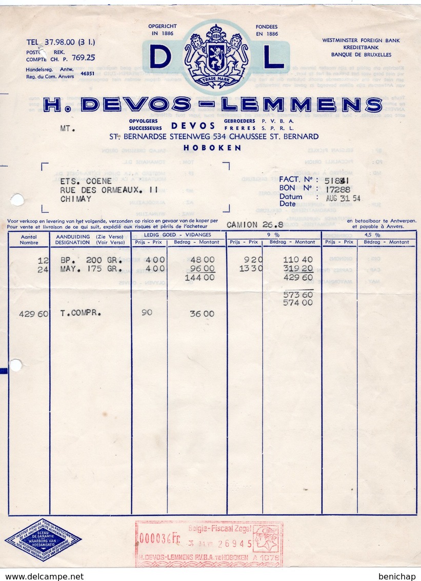 H. DEVOS - LEMMENS - SAUCES - MOUTARDE - CAPRES - OLIVES - HOBOKEN - CHIMAY - 31 AOUT 1954. - Alimentaire