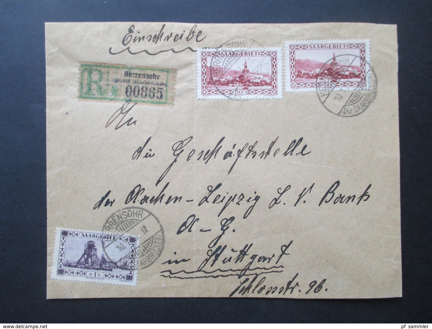 Saargebiet 1930 Landschaftsbilder MiF Einschreiben Grüner Dünner R-Zettel Herrensohr (Kreis Saarbrücken) Nach Stuttgart - Storia Postale