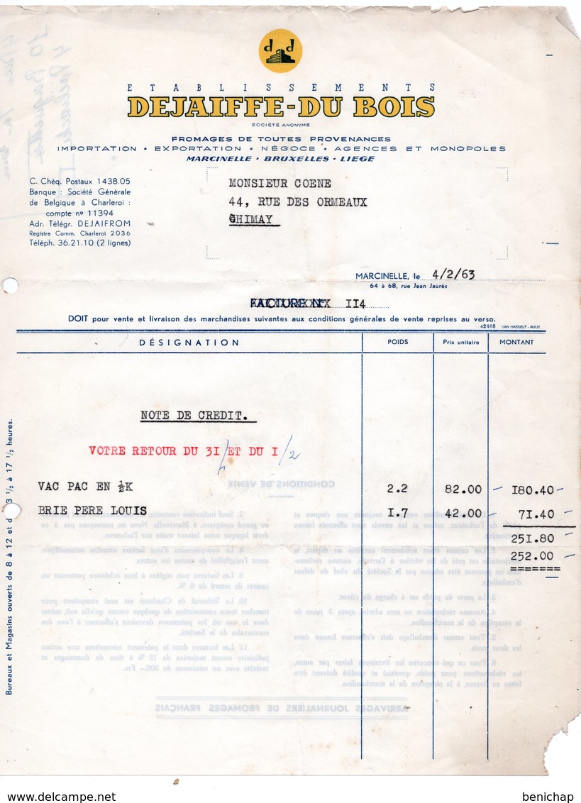 FROMAGES DE TOUTES PROVENANCES *EXPORTATION - NEGOCE - DEJAIFFE-DU BOIS -  CHIMAY LE 04 FEVRIER 1963. - Alimentare