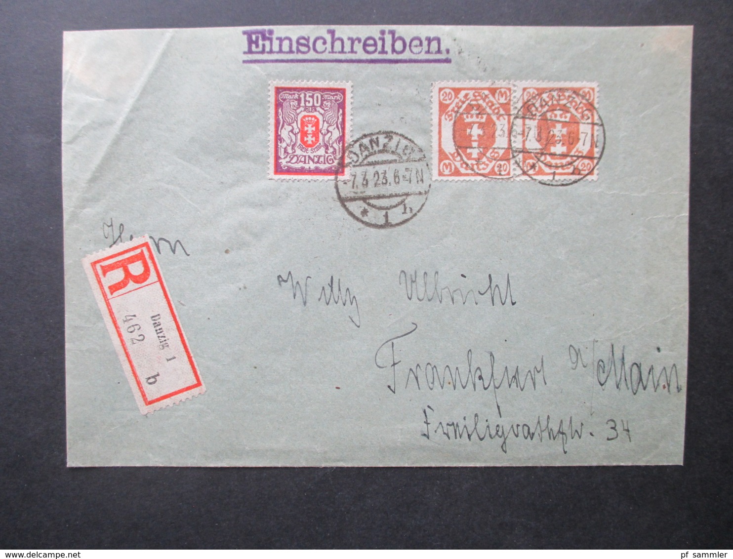 Danzig 1923 Kleines U. Großes Staatswappen Einschreiben R-Zettel Danzig 1 462 B Nach Frankfurt A.M. Mit Ank. Stempel - Briefe U. Dokumente