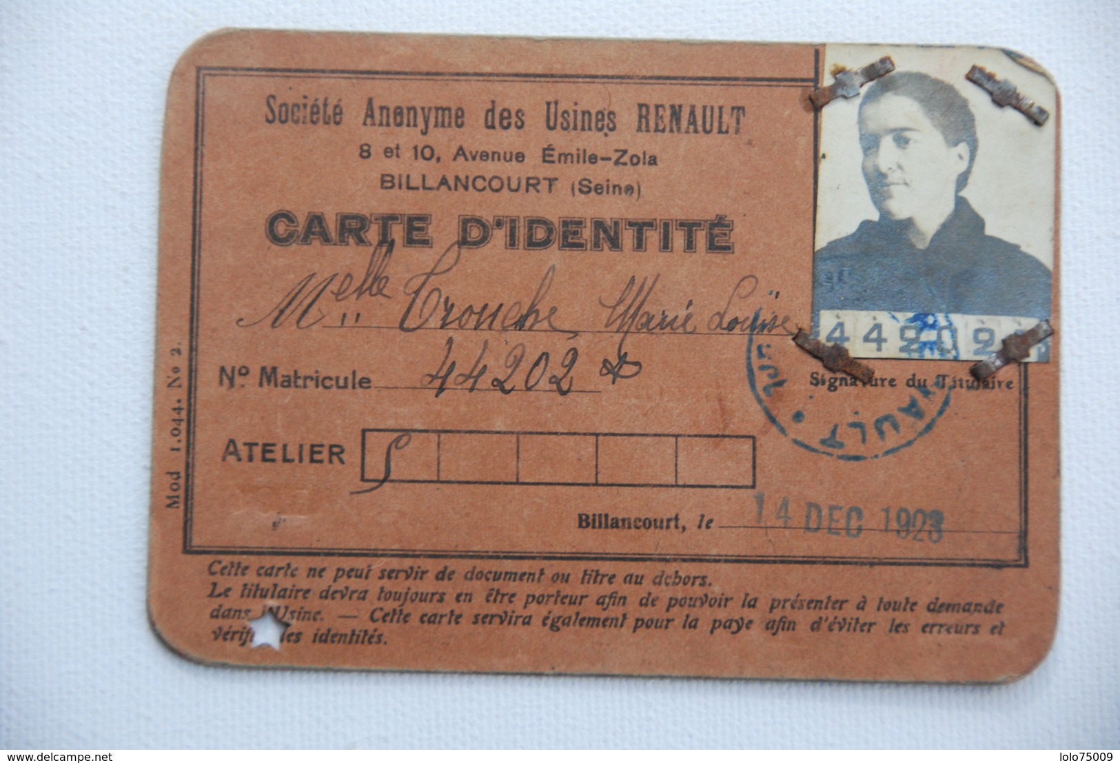 Carte D'identite Pour Les Usines Renault Boulogne Billancourt 1923 - Documenti Storici