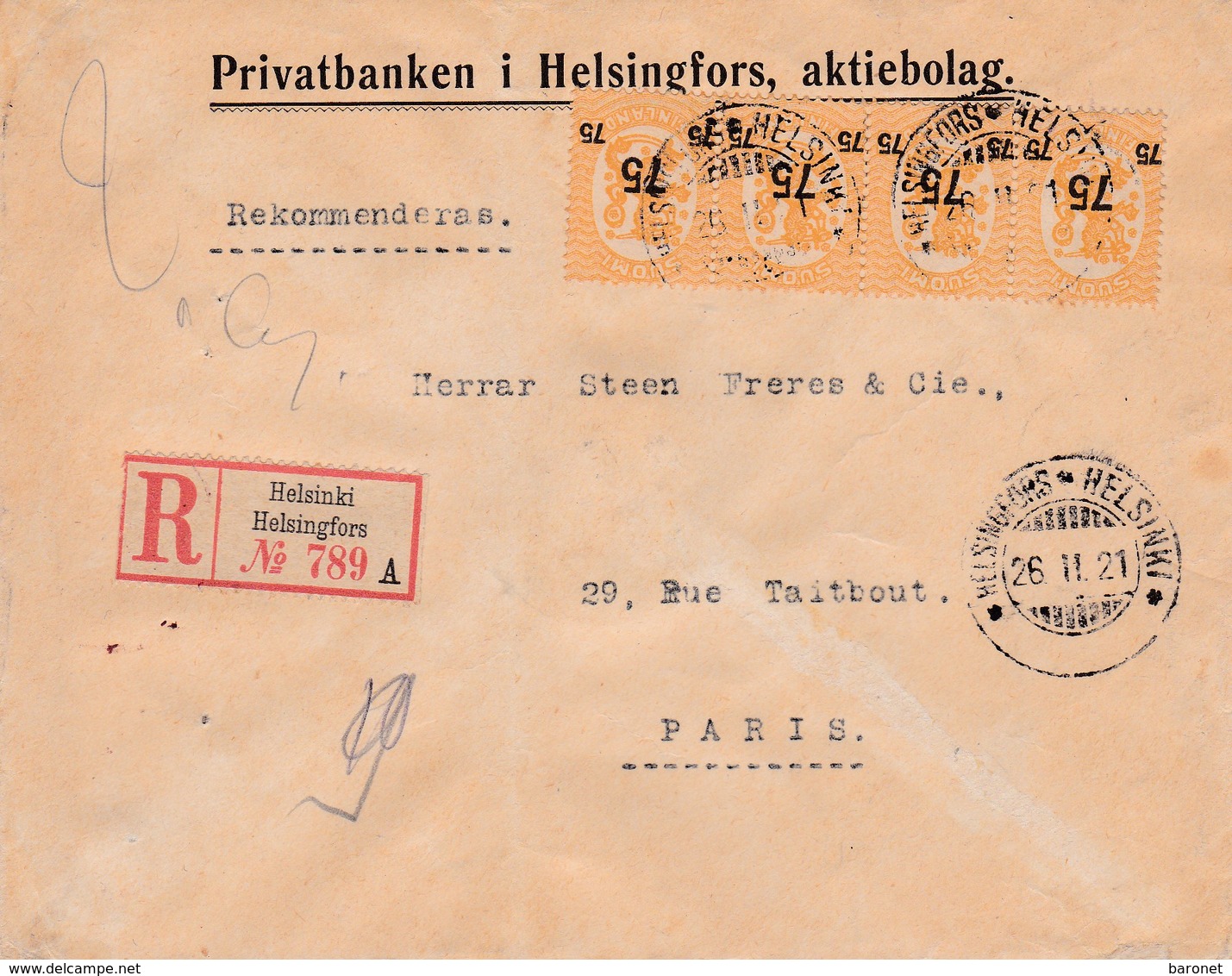 Env Recommandé T.P. Ob Helsinki 26 II 21, Env Pour Paris - Storia Postale