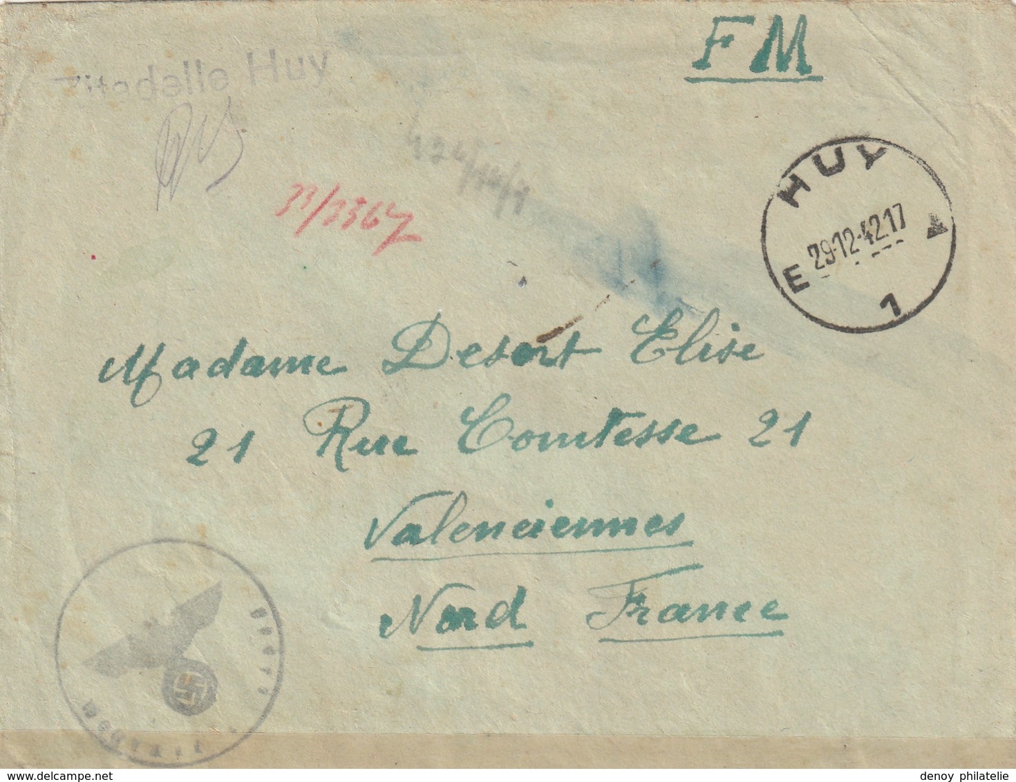 Belguique - Lettre De La Zitadelle De Huy Datée Du 29 12 1942 Pour Le Nord De La France, D Un Prisonnier Civil - Guerre 40-45 (Lettres & Documents)