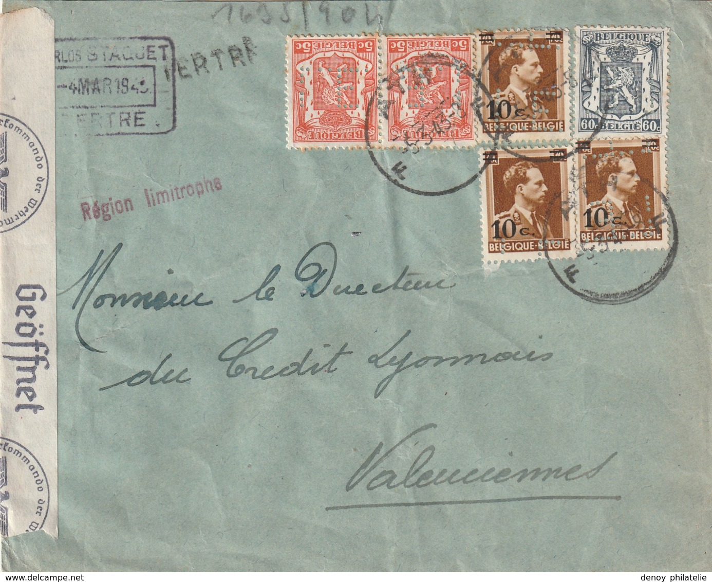 Belguique - Lettre Perforée Censurée Avec Cachet Region Limitrophe 5 3 1943 - Guerre 40-45 (Lettres & Documents)