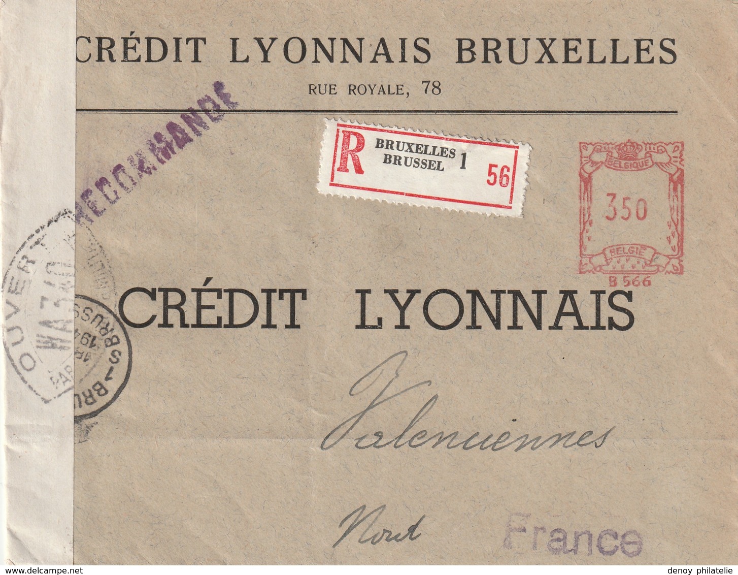 Belgique - Lettre Recommandée Censurée Affranchissement Machine A Affranchir - Guerra 40 – 45 (Cartas & Documentos)