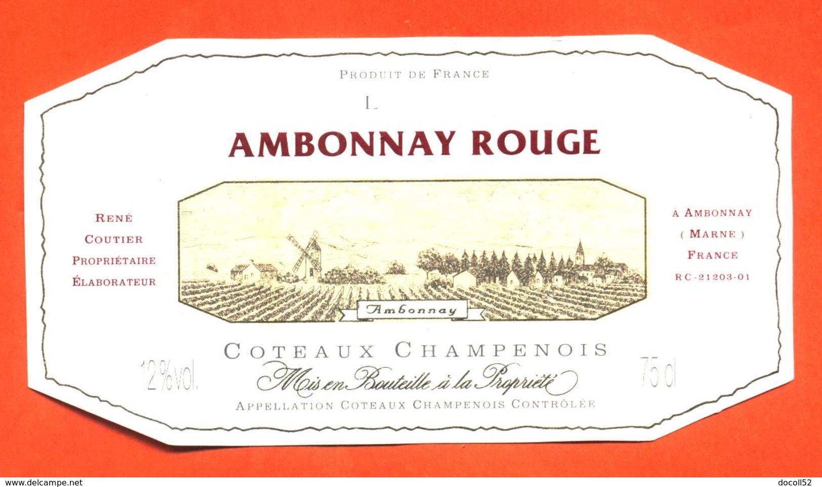 étiquette + Collerette De Coteaux Champenois Ambonnay Rouge - 75 Cl - Champagne