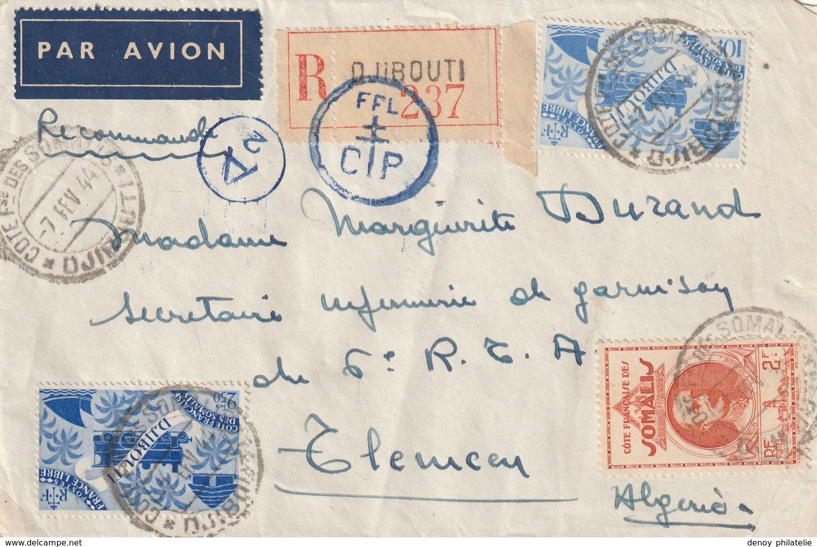 Cote Des Somalis , Lettre Recommandée  De Djibouti Pour L'algérie Censurée FFL Cachet Rond 7 2 1944 - Lettres & Documents