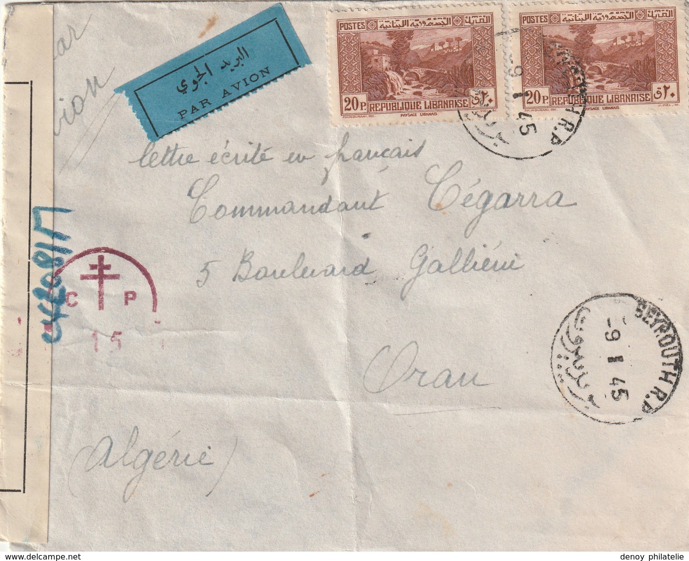 Liban Lettre Recommandée Censuré , Croix De Lorraine , Pour L'algérie 9 1 1945 - Covers & Documents