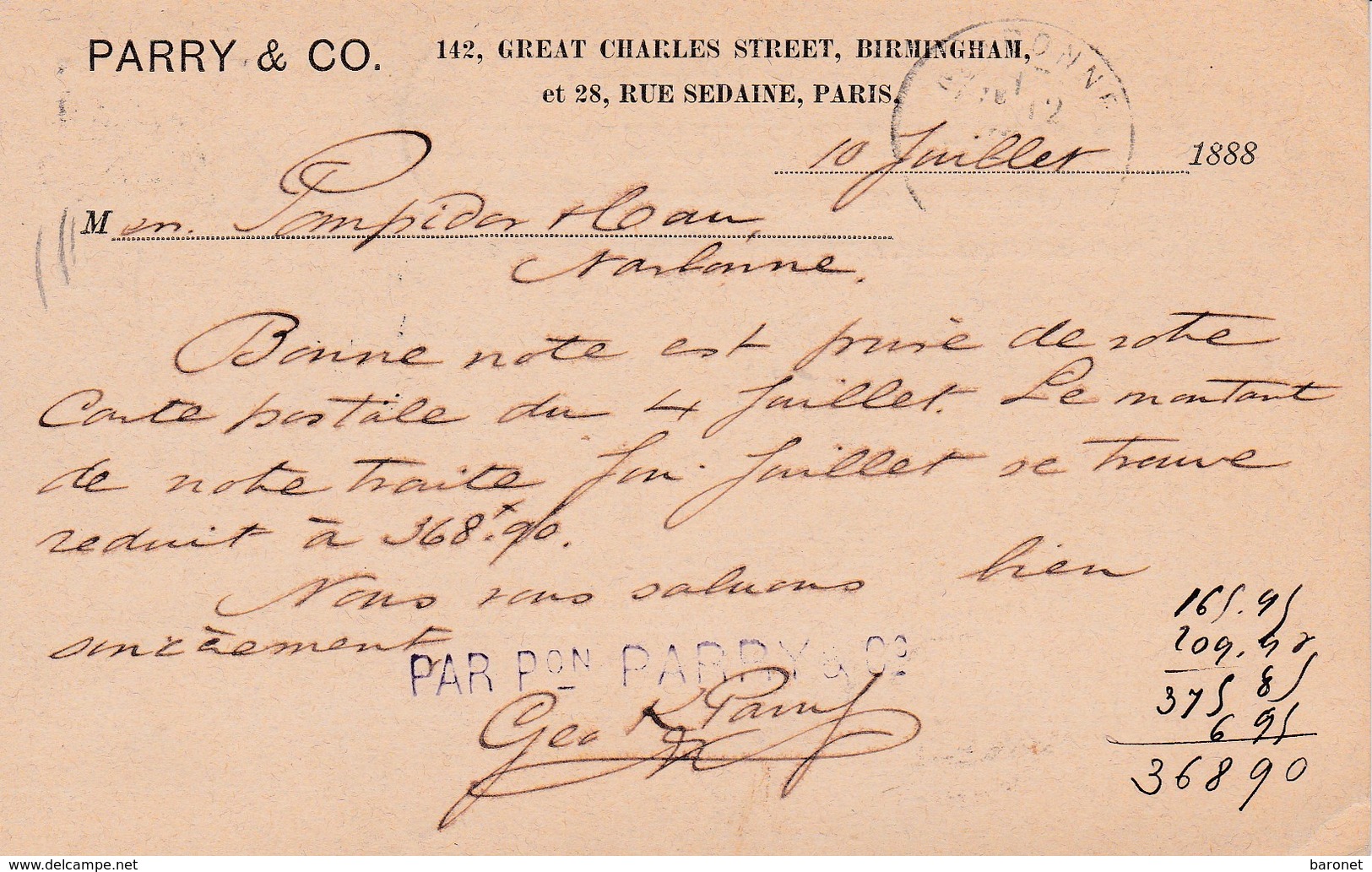 Entier C.P. Repiqué Parry & CO.Ob Birmingham11 Juil 88,  Entier Pour Narbonne Aude - Stamped Stationery, Airletters & Aerogrammes