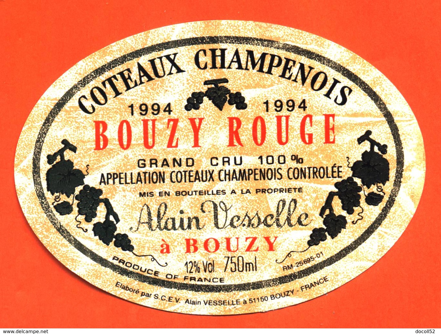 étiquette De Coteaux Champenois Bouzy Rouge 1994 Alain Vesselle à Bouzy - 75 Cl - Champagne