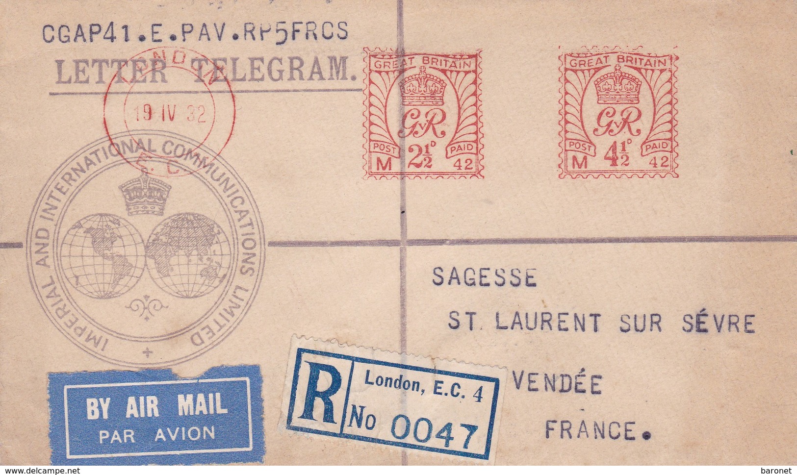 Letter Telegram By Air Mail. .Ob 19 4 32, Pour St  Laurent Sur Sèvre, Vendée - Franking Machines (EMA)