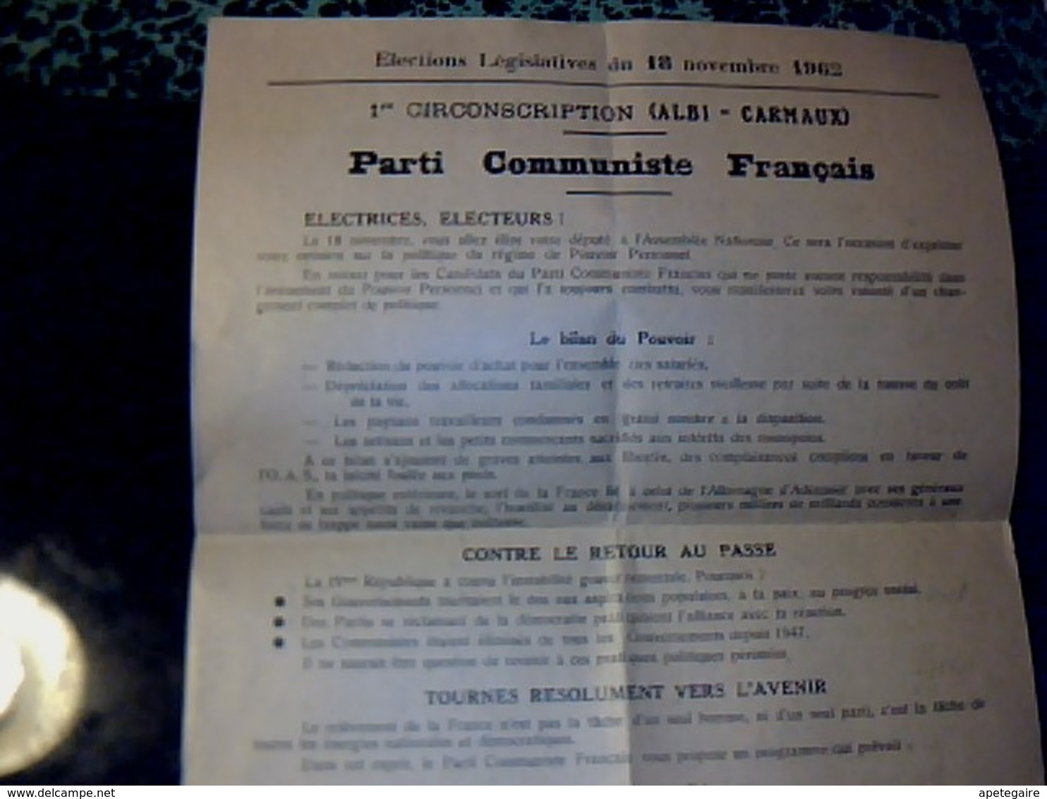 Vieux Papier Politique Tract élection Législatives 18/11/1962 Liste Du PCF  Albi /Carmaux Marcel Pelissou - Ohne Zuordnung
