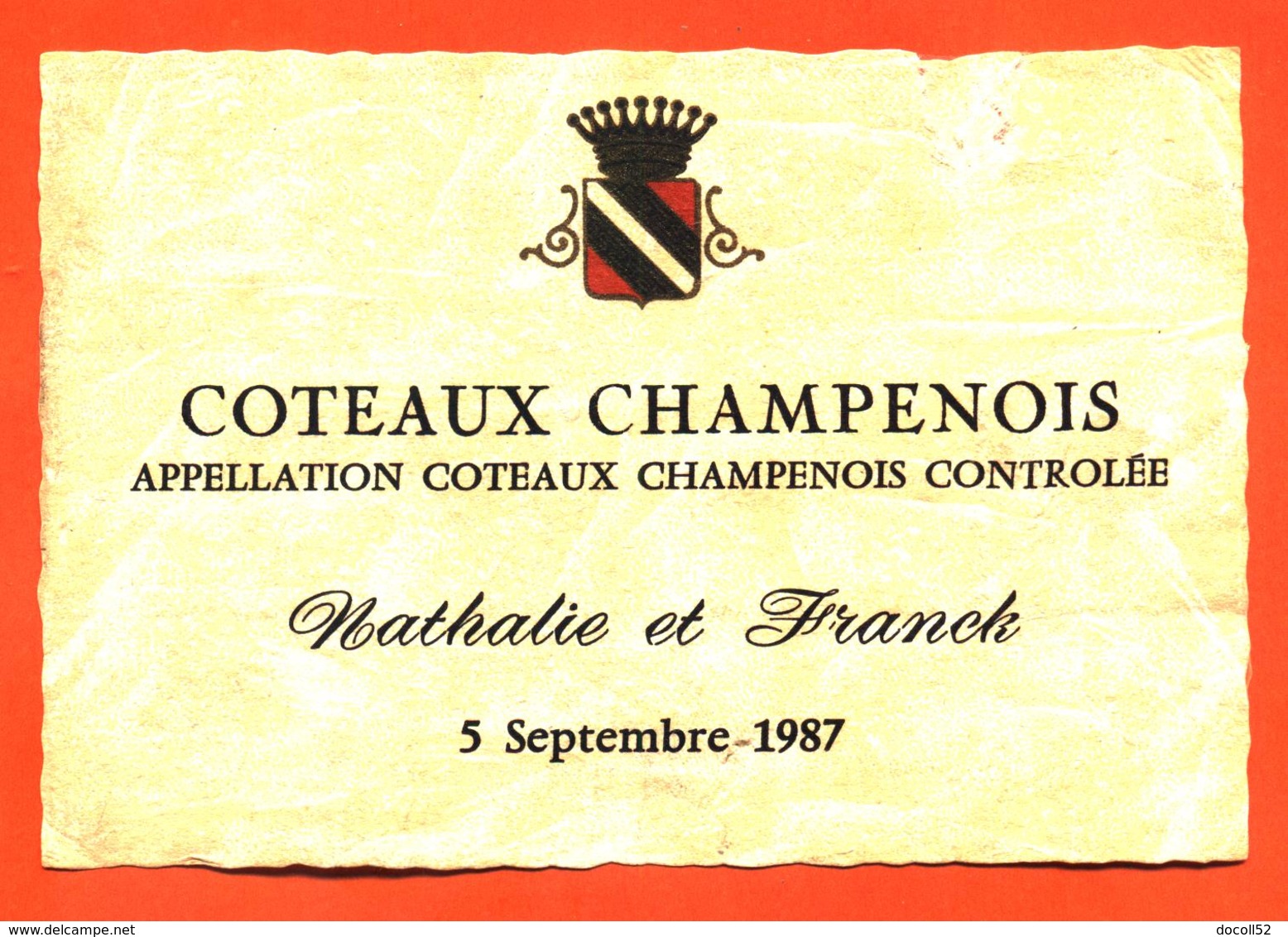 étiquette De Coteaux Champenois Mariage Nathalie Et Franck 5 Septembre 1987 - 75 Cl - Champagne